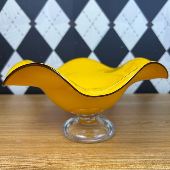 Vintage Amber Glass Wide Compote Bowl Pedestal Midcentury Décor Statement Piece - Picture 13 of 17